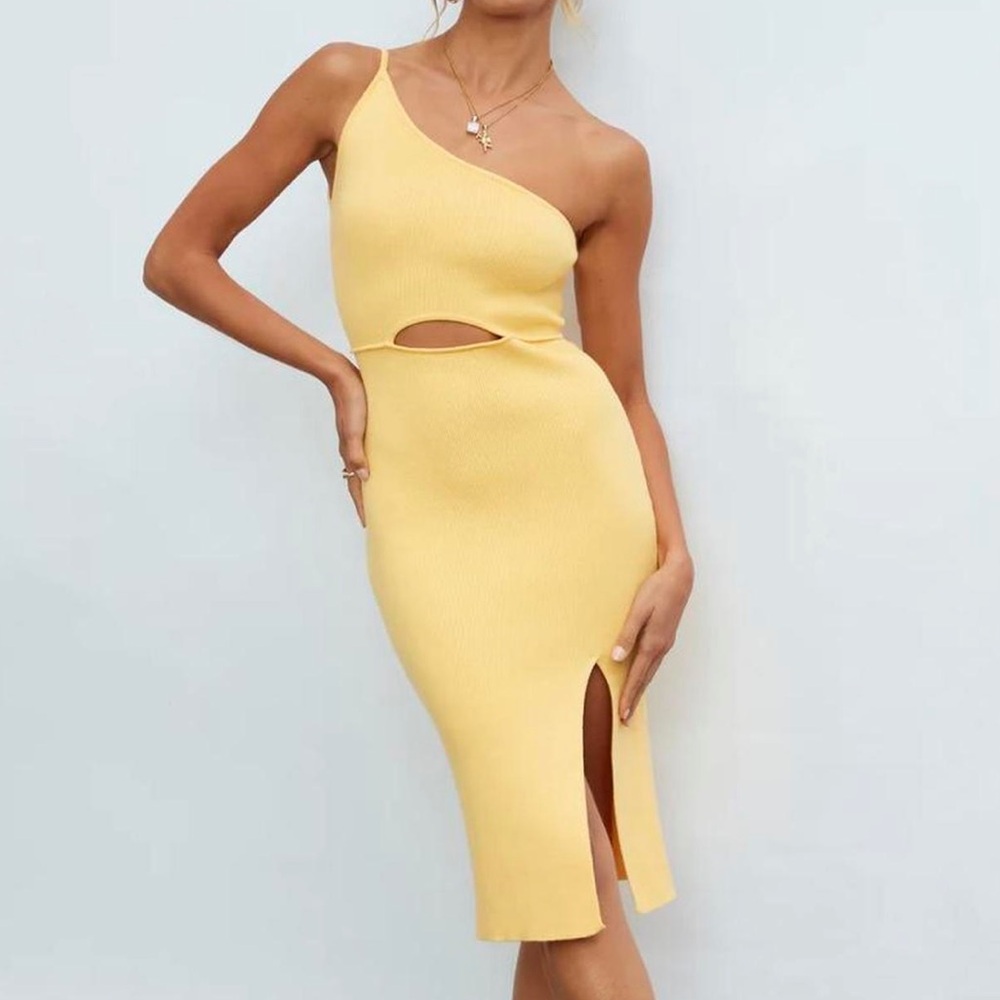 EUC Hello Molly jade midi One Shoulder Yellow Dress size XS